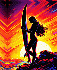 Surfer bei Sonnenuntergang – Pop-Art-Druck als Silhouette von RAMYHEFNY-GALLERY