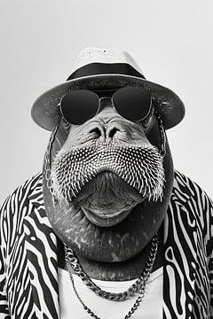 Zwart-wit portret van een walrus in de mode van Poster Art Shop