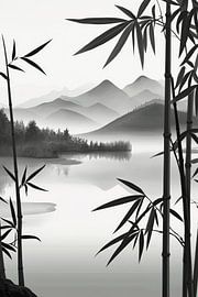 Ruhige Landschaft mit Bambus und Bergen von Poster Art Shop