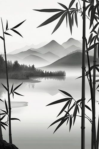 Rustig landschap met bamboe en bergen