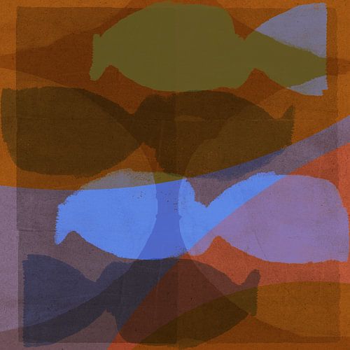 Abstracte organische vormen in groen, bruin, blauw, lila op terracotta.