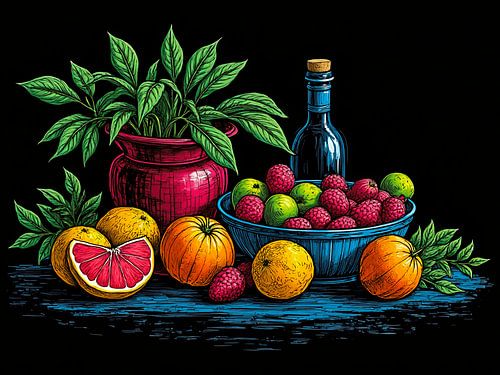 Ein farbenprächtiges Stillleben mit Blumen und Früchten