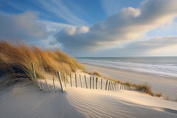 Un paysage côtier apaisant avec des dunes éclairées par le soleil, de l'herbe de plage et une mer calme sous un vaste ciel nuageux.