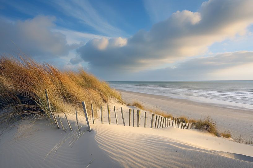 A soothing coastal landscape with sunlit dunes, beach grass and a quiet sea under a vast cloudy sky.Sun rays illuminate the tropical underwater landscape. by Monique Leenaerts