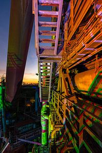 Colorful night illumination at Landschaftspark Duisburg-Nord