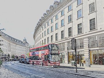 Rode bus in Londen, Regent Street - Tekening van Anouk Davidse