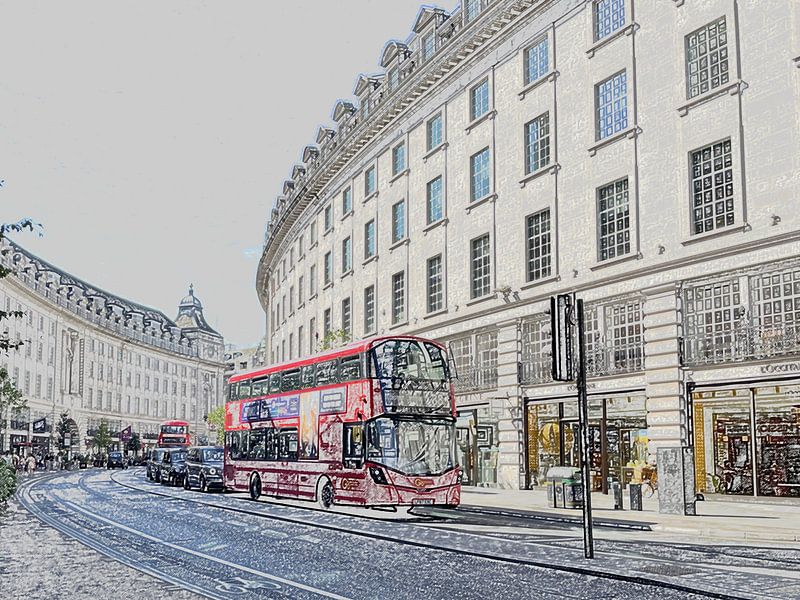 Red bus in London, Regent Street - Drawing by Anouk Davidse