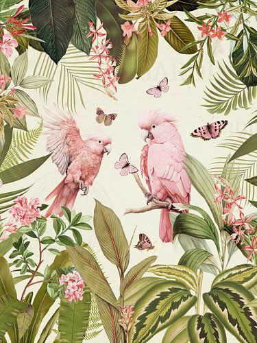 Nostalgic pink parrots dance in a tropical jungle garden 1