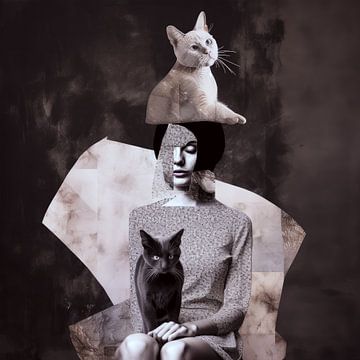 Cat woman black and white collage by Vlindertuin Art