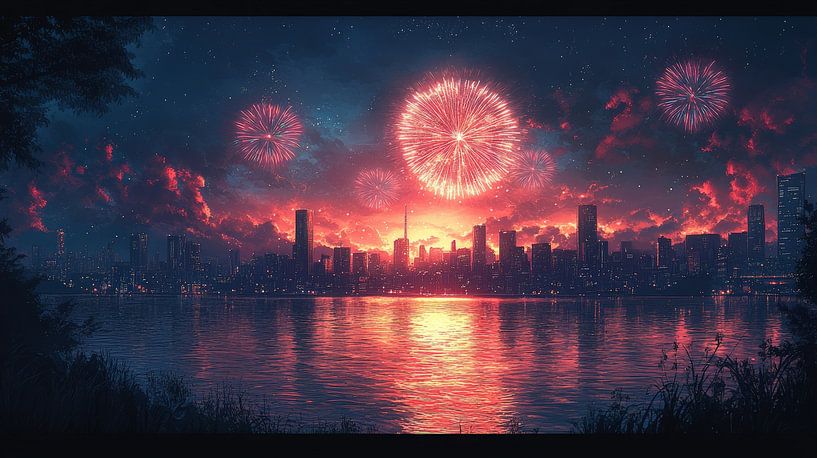 Feuerwerk über dem Stadtbild von Lufy