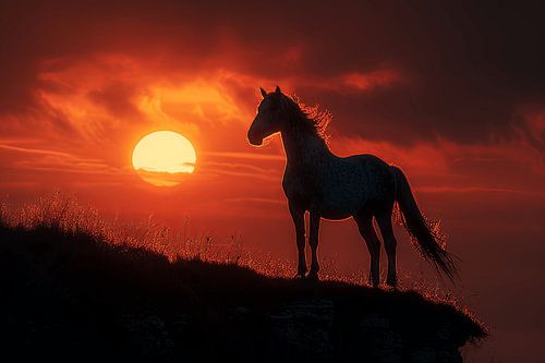 Paard Silhouet Voor Zonsondergang Op Een Heuvel