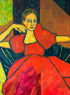 Red Dress in Green Chair by Helia Tayebi Art