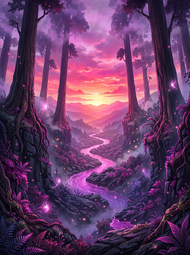Betoverend Redwood-bos, gloeiende rivier, zonsondergang in de vallei: fantasielandschapsillustratie