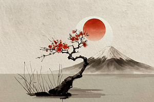 Strahlender Sonnenaufgang über dem Berg Fuji mit einem japanischen Kirschbaum