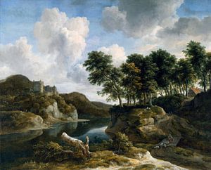 Jacob van Ruisdael - Rivierlandschap met een kasteel op hoge klif