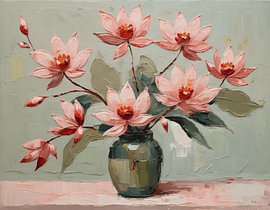 Lotus en fleur dans un vase vert foncé sur Stefan Vermeer