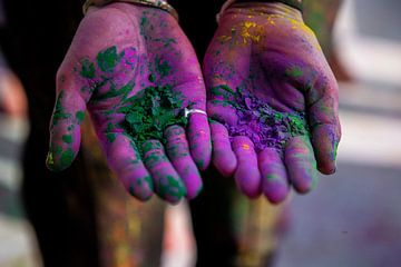 Gekleurde handen - Holi Color festival - India reisfotografie van Freya Broos