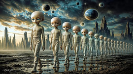 Panneau mural de science-fiction : des extraterrestres défilent dans une ville futuriste sur Harald J. Laier