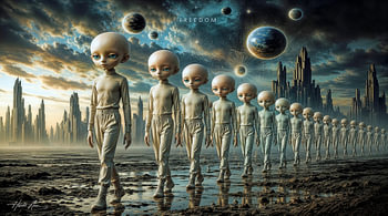 Panneau mural de science-fiction : des extraterrestres défilent dans une ville futuriste
