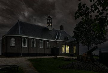 Kerk van schokland bij nacht van René Ouderling