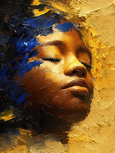 Indigo Velvet Gold – Modern Abstract Portrait of a Woman with Midnight Blue and Gold Leaf Texture