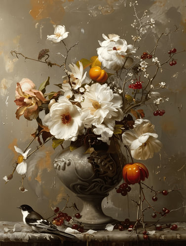 Still life with flowers and a bird