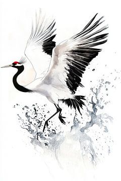 Kraanvogel in vlucht - Aquarel kunst van Poster Art Shop