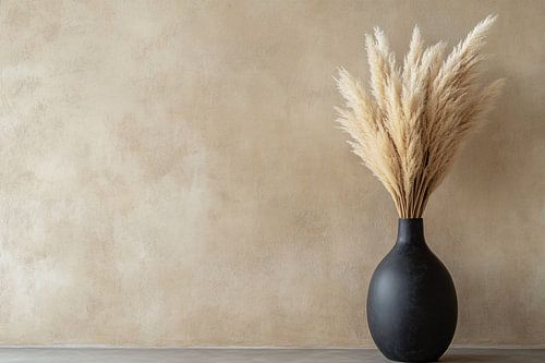 Grote zwarte vaas met pluimen