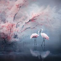 Flamingo's unter der japanischen Blüte