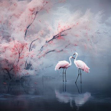 Flamingo's unter der japanischen Blüte von Karina Brouwer