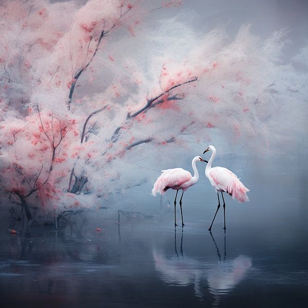 Flamingo&#039;s under the Japanese Blossom by Karina Brouwer