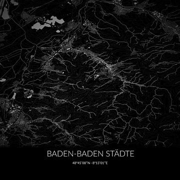 Zwart-witte landkaart van Baden-Baden Städte, Baden-Württemberg, Duitsland. van Rezona