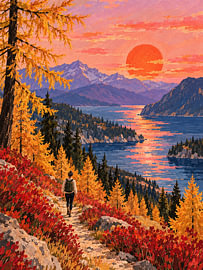 Wanderin bei Lärchen – Bergsee im Abendrot von Albert Klee