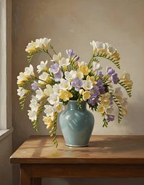 Freesia refracta in een lichtblauwe keramische vaas van Regan Frederick