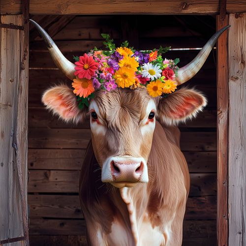 Friendly cow wears colourful headdress