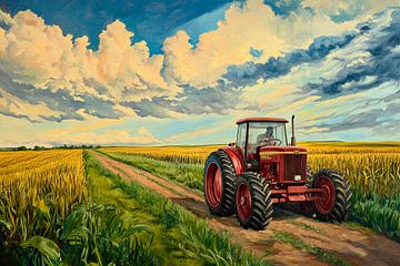 Tractor in het gouden veld van Poster Art Shop