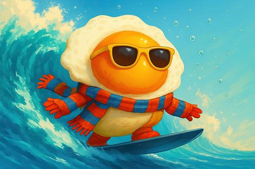Cartoon egg on blue wave