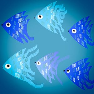 Eine Illustration mit blauen Goldfischen, die Glück symbolisieren.