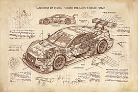 Een technische illustratie van een DTM-auto, gepresenteerd in de stijl van Leonardo da Vinci.