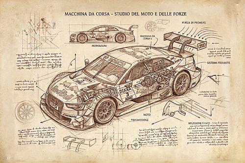 Een technische illustratie van een DTM-auto, gepresenteerd in de stijl van Leonardo da Vinci.