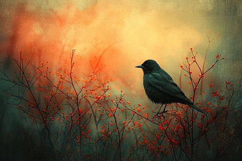 Vogel tussen de vlammende rode planten