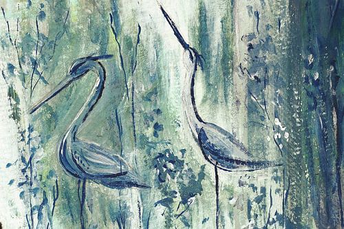 Blauw groen kunstwerk van twee reigers