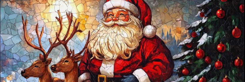 Tijdloze kerst met de kerstman, rendieren en mozaïekkunst van Digitale Schilderijen
