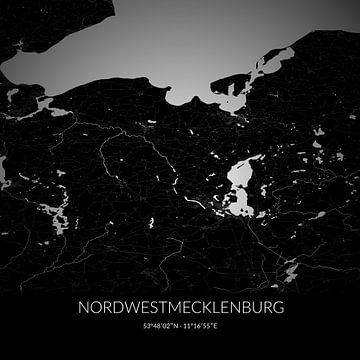Zwart-witte landkaart van Nordwestmecklenburg, Mecklenburg-Vorpommern, Duitsland. van Rezona