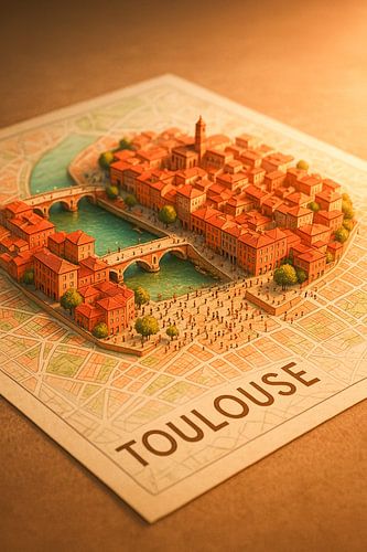 Toulouse La Ville Rose 3D Kaart - Baksteen Architectuur Muur Kunst