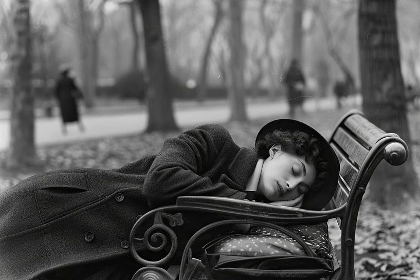 Photographie en noir et blanc d'une femme endormie sur un banc de parc par Poster Art Shop