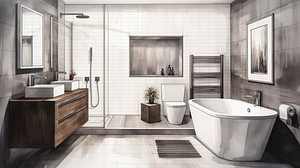 Planen Sie ein Badezimmer mit einer Badewannen- und Dusche Zeichnung, einer Badezimmer-Bleistiftzeichnung im Vintage-Stil.