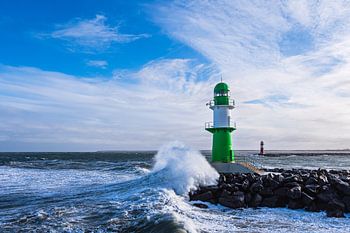Pier on the Baltic coast in Warnemünde during storm Zey