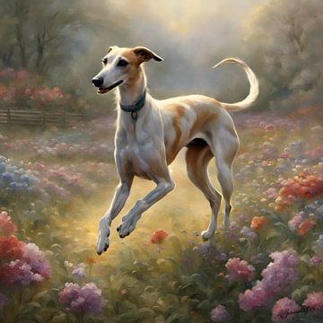 Arabische Greyhound spelend in een bloemenveld van Johanna's Art