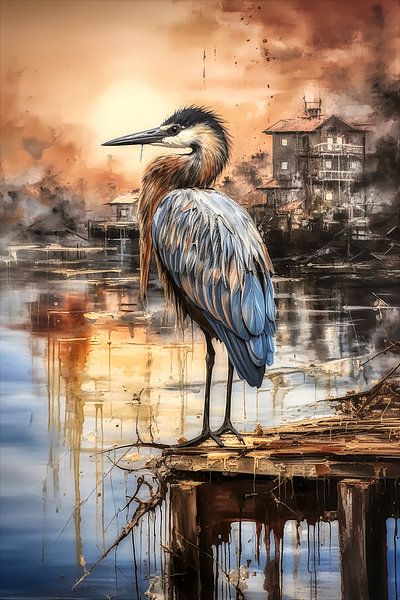 Virtual Blue Heron on jetty looking out over water. by Harry Stok